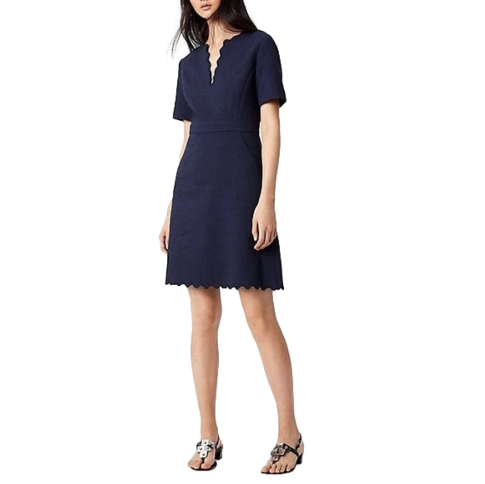TORY BURCH Bailey Dress In Tory Navy Scalloped Edges, Figure-Flattering, Size 2